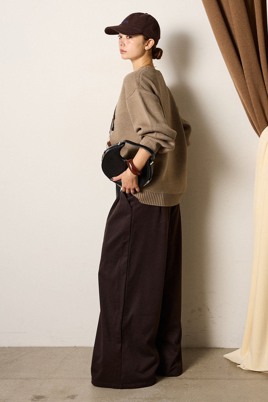 [SET]アニマルジャガード柄ニットトップス+巻ベルトウエストレザーライクワイドパンツ(2set)