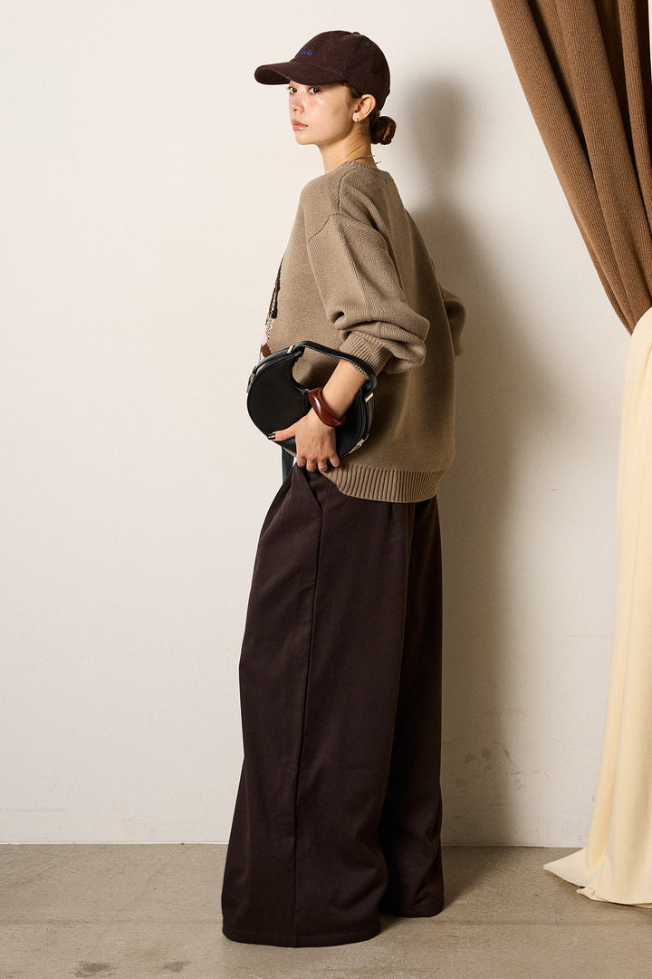 [SET]アニマルジャガード柄ニットトップス+巻ベルトウエストレザーライクワイドパンツ(2set)