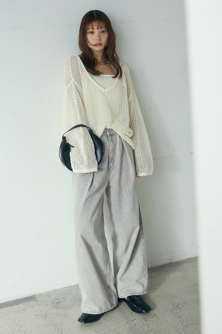 [SET]メッシュ編みビスチェセットVネックプルオーバー+カラーデニムタックカーブパンツ(2set)