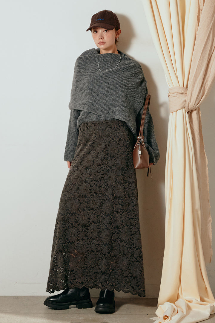 [SET]ケープデザインリブニットトップス+花柄刺繍ベロアフレアスカート(2set)
