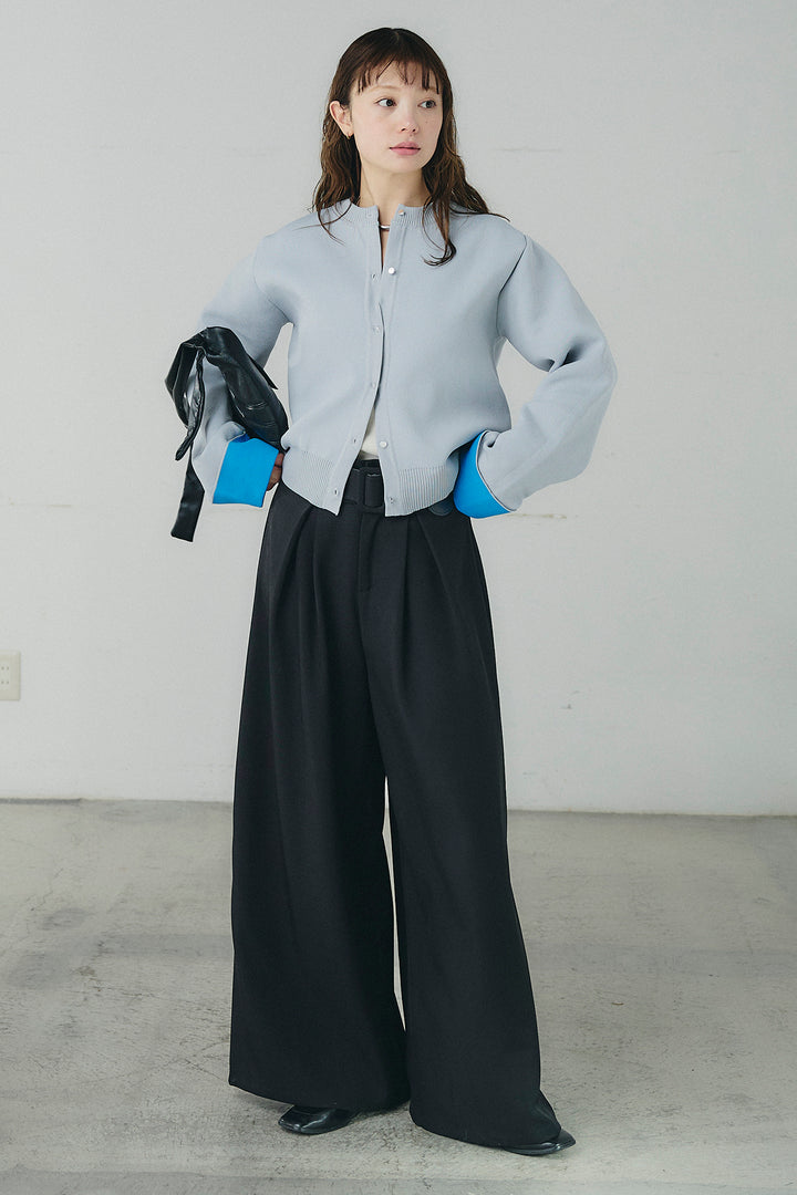 [SET]リバーシブル配色ニットカーディガン+ベルト付きツータックワイドパンツ(2set)