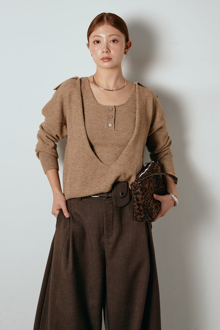 [SET]襟付きレイヤードニットトップス+ポーチベルト付きカーブパンツ(2set)