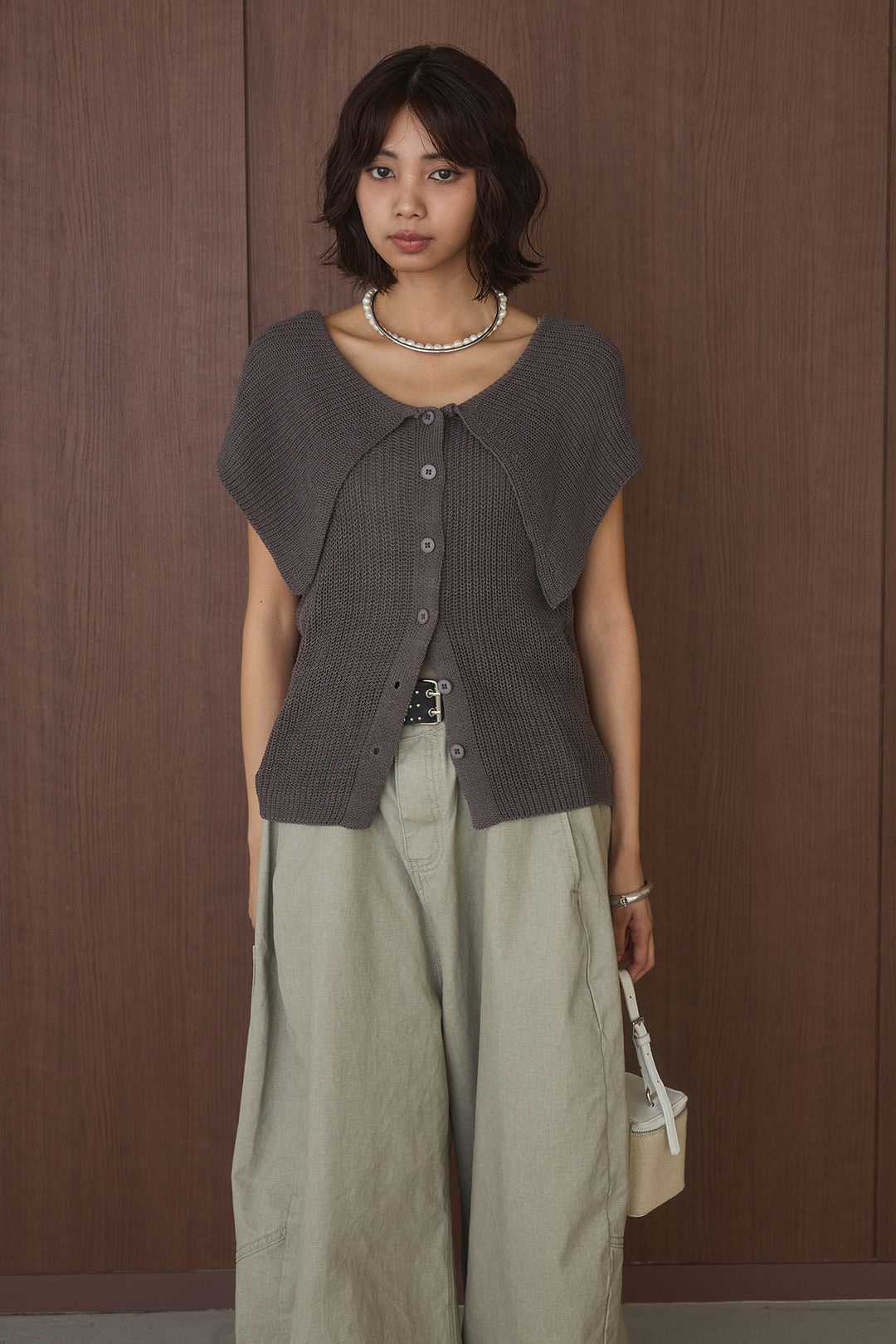 [SET]ビッグカラーボタンニットトップス+ベルト付きカラーデニムパンツ(2set)