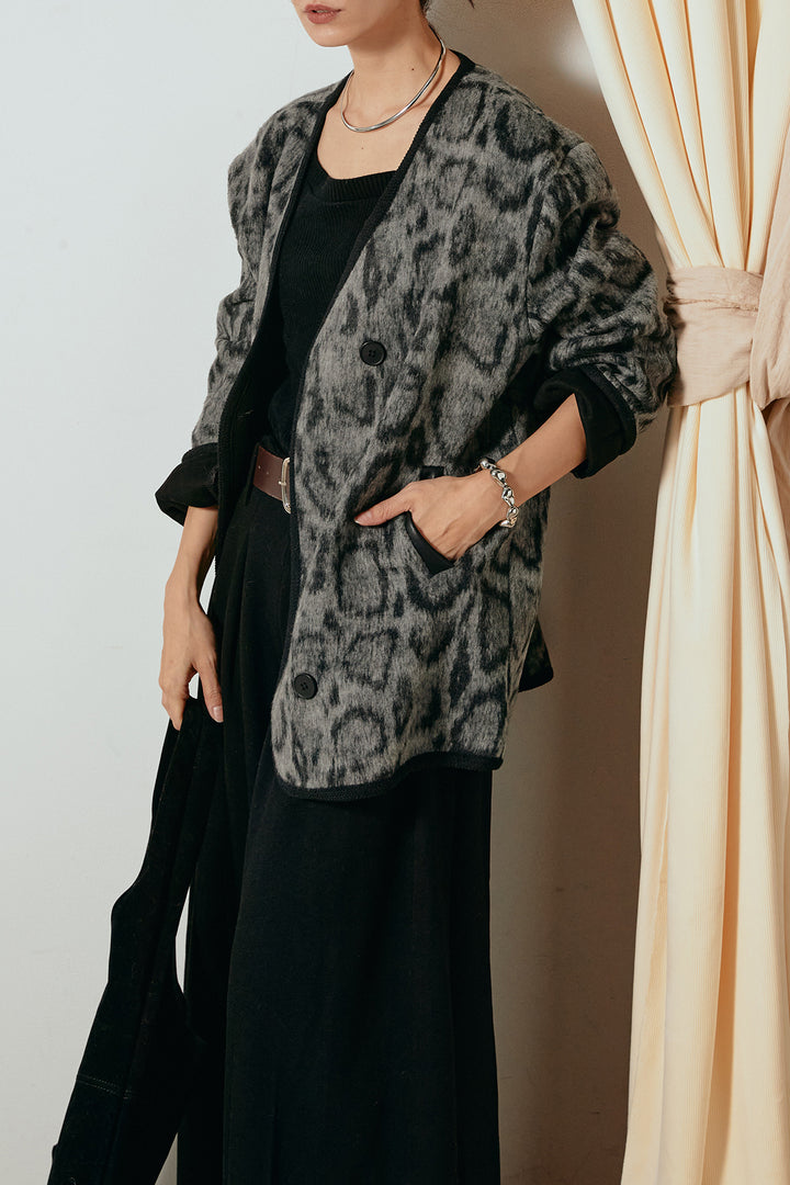 [SET]ノーカラーレオパード柄アウター+フェイクレザー太ベルト付きタックワイドパンツ(2set)