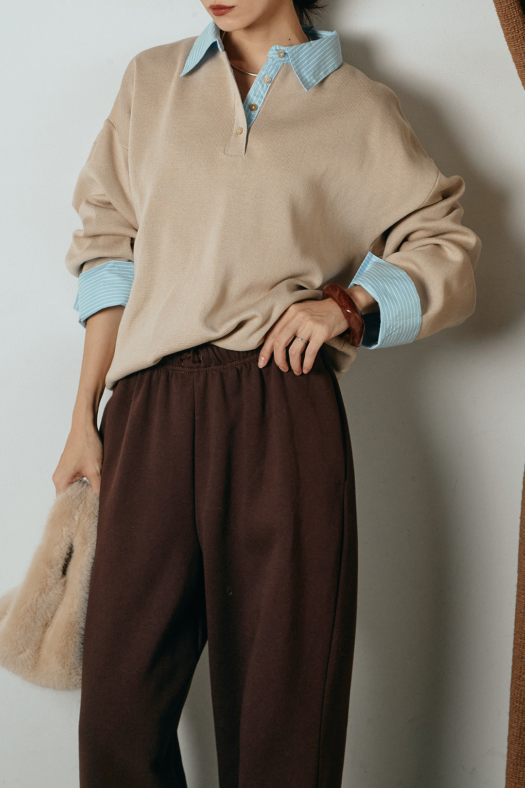 [SET]ストライプシャツドッキングポロトップス+裏起毛スウェットワイドパンツ(2set)