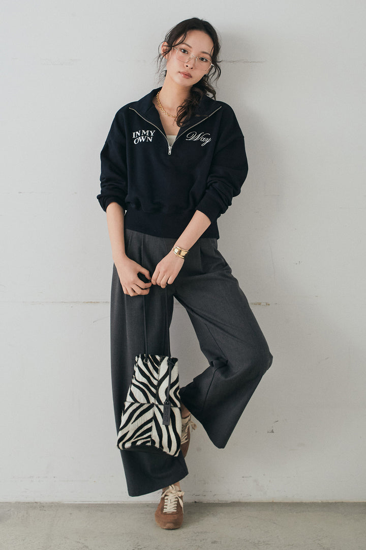 [SET]裏毛ロゴ刺繍ハーフZIPスウェット+斜めボタンタック入りスラックス(2set)