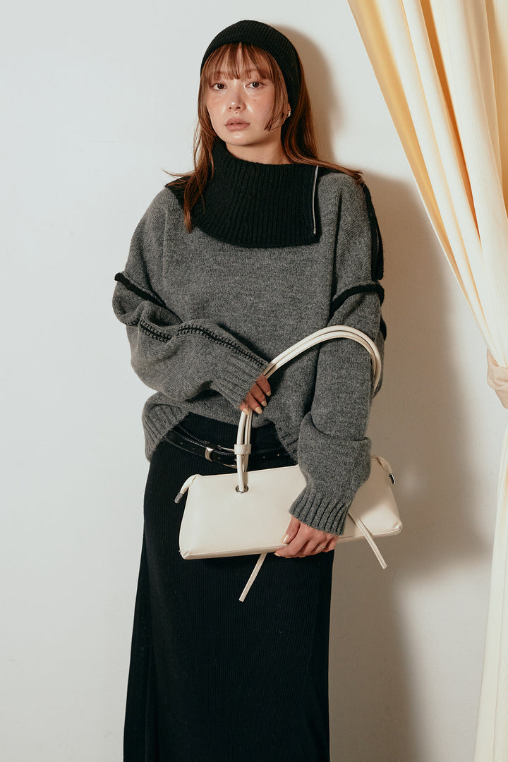 [SET]ハイネックジップデザインニットトップス+サイド切り替えリブニットロングスカート(2set)