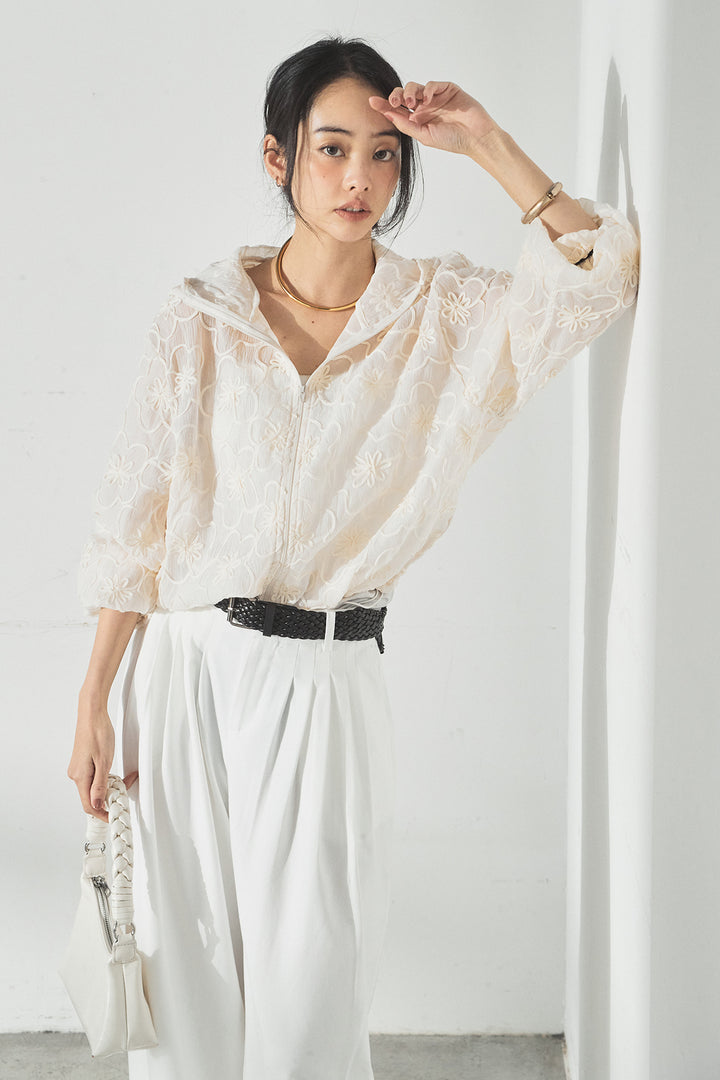 [SET]シアーフラワーフードブルゾン+編みベルト付きウエストタックワイドパンツ(2set)