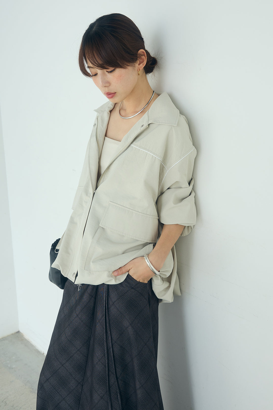 [SET]合繊ツイルバルーンジャケット+タータンチェック柄フロントデザインスカート(2set)