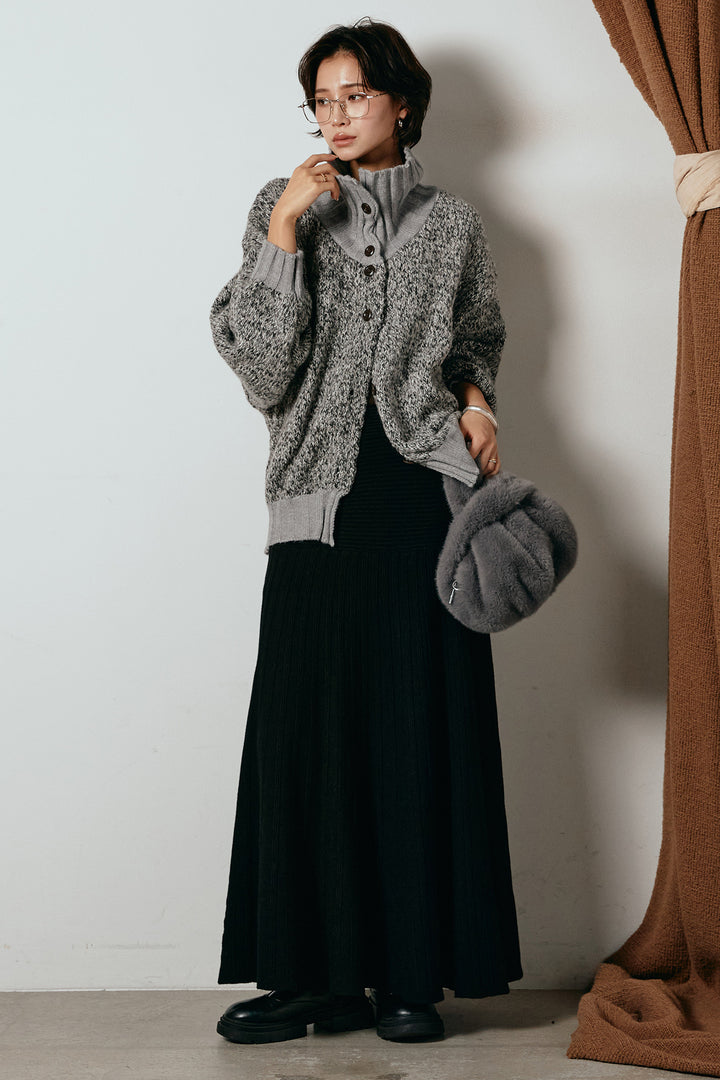 [SET]ハイネックミックスニットカーディガン+編み地切り替えフレアニットスカート(2set)