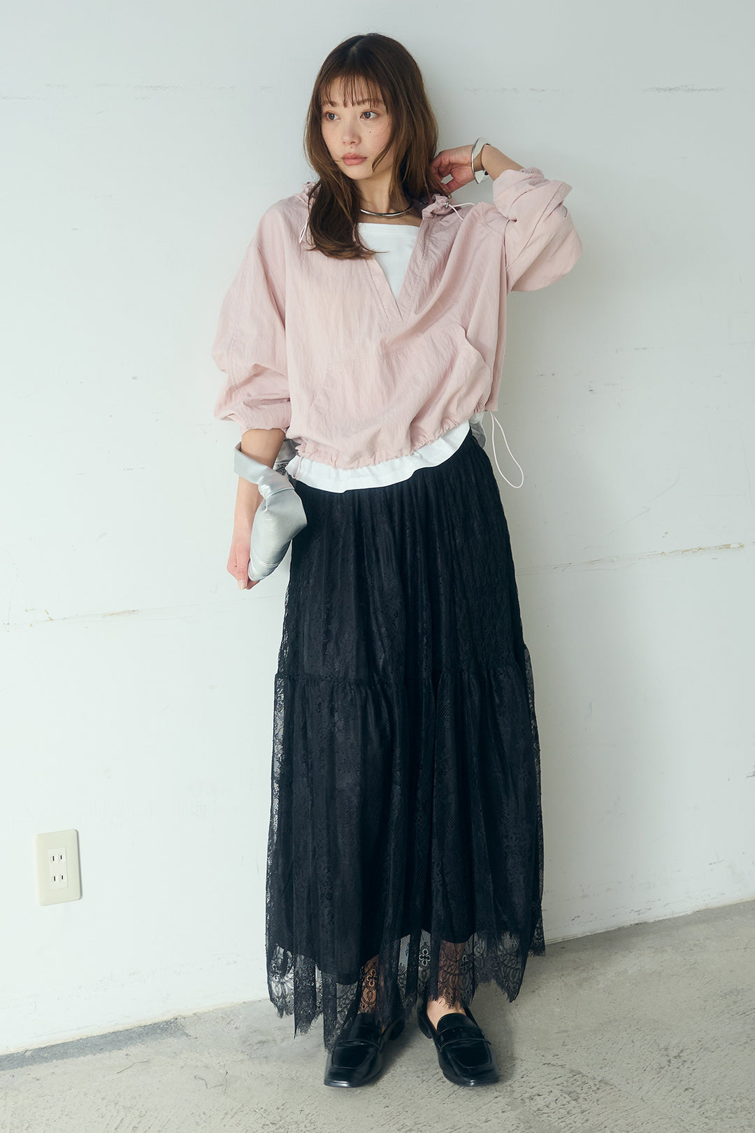 [SET]レイヤードデザインフーディートップス+ひげレース切替ロング丈スカート(2set)