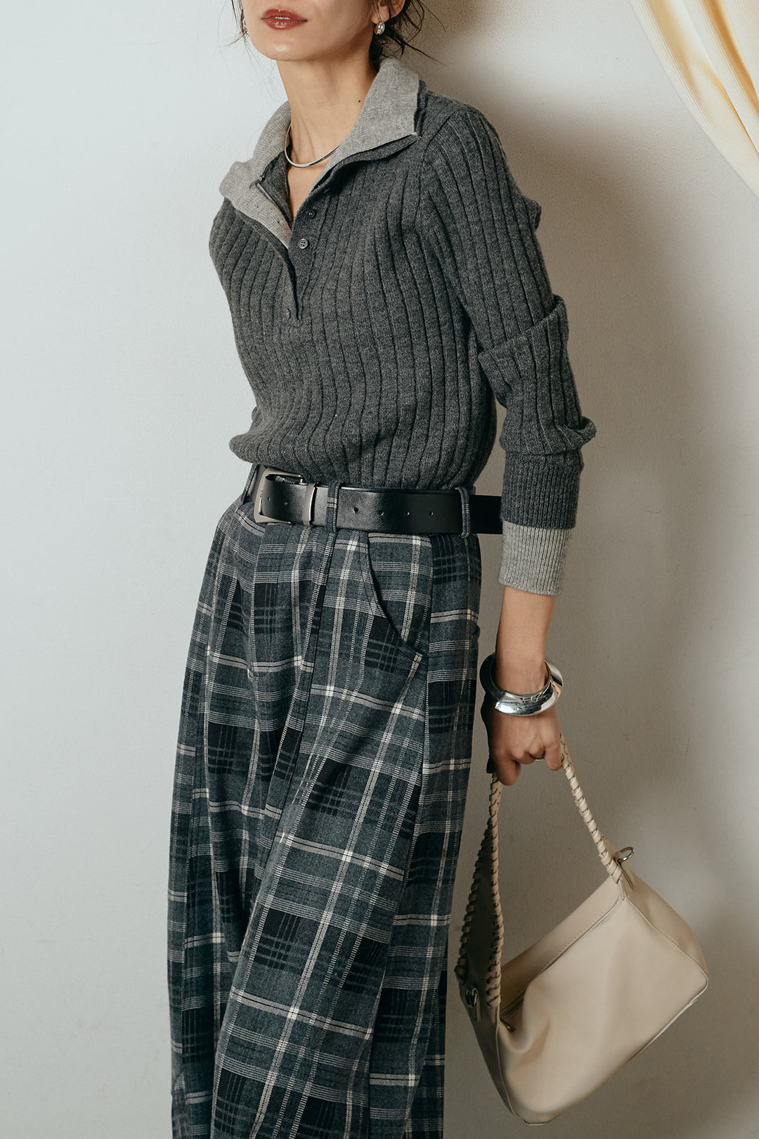 [SET]レイヤード風リブニットトップス+ベルト付きタータンチェックカーブワイドパンツ(2set)