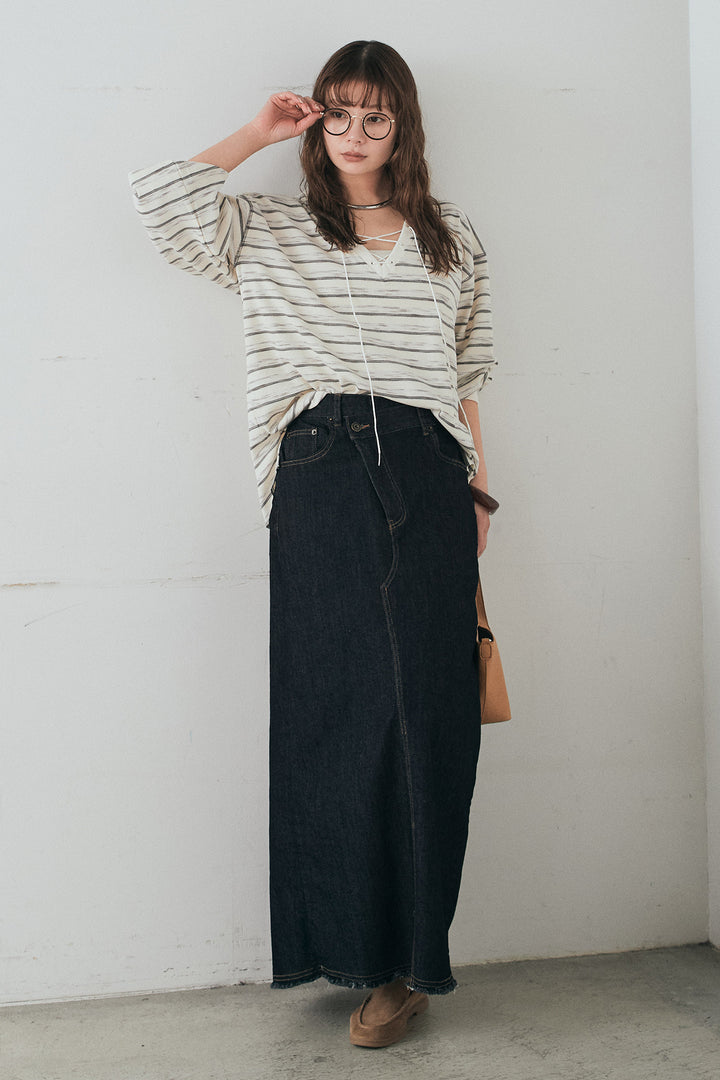 [SET]レースアップワッフルボーダートップス+ウエストクロスデニムタイトスカート(2set)