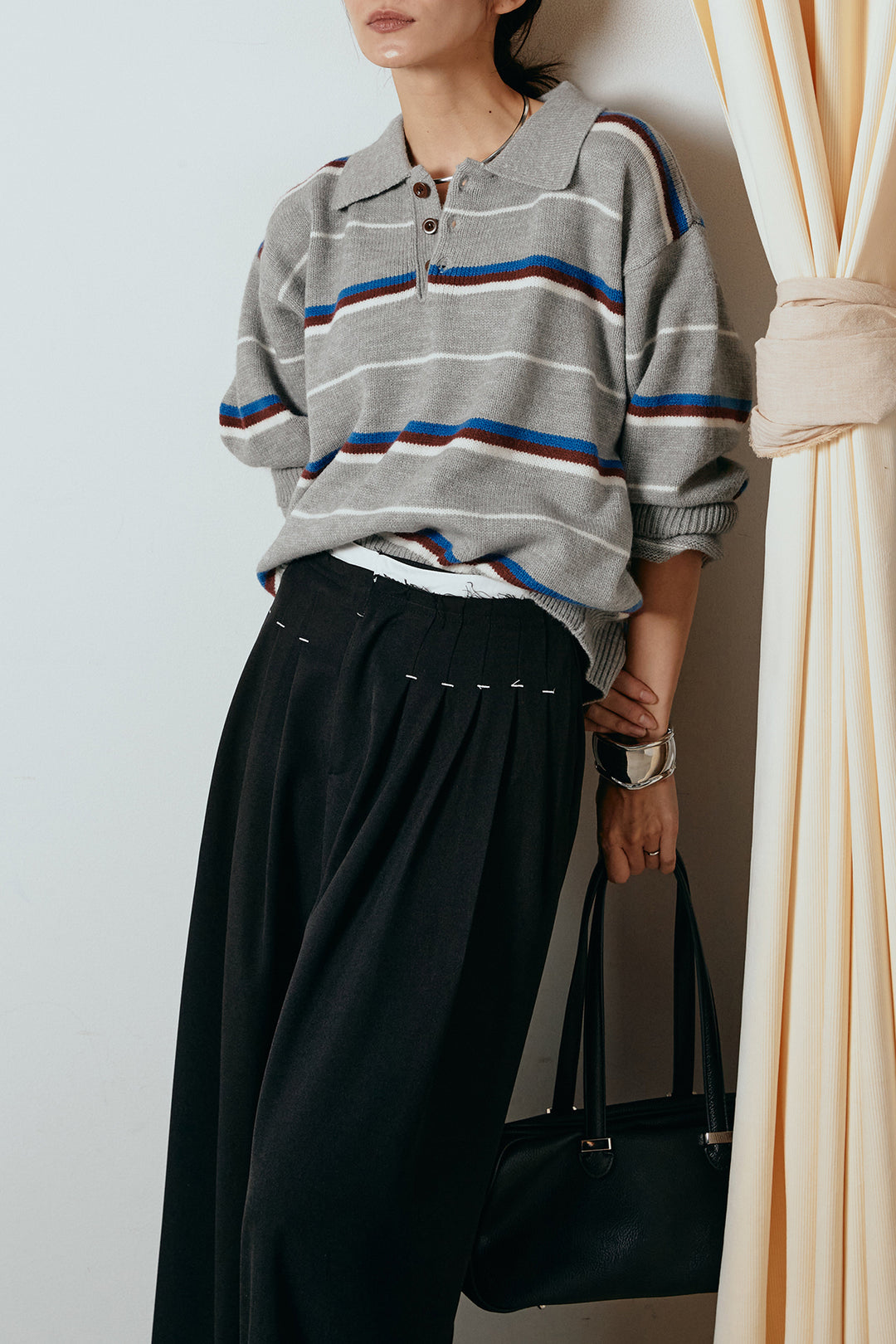 [SET]襟付きマルチボーダーニットポロトップス+ウエストステッチデザインワイドスラックス(2set)