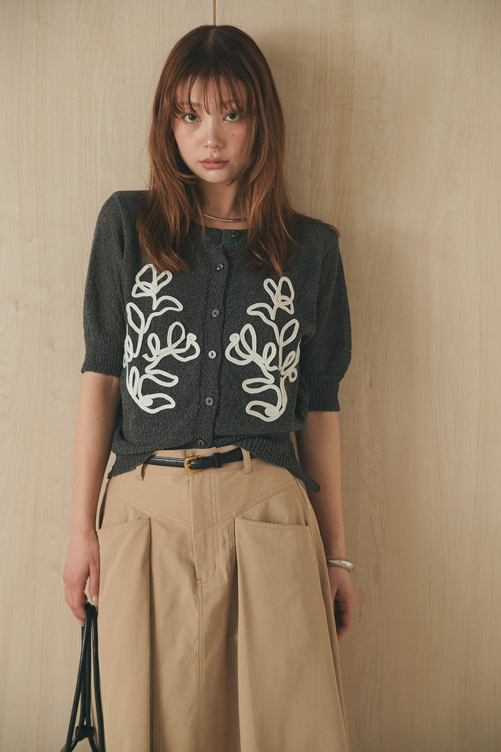 [SET]フロントテープデザイン半袖カーディガン+ミリタリーツイルタックフレアスカート(2set)