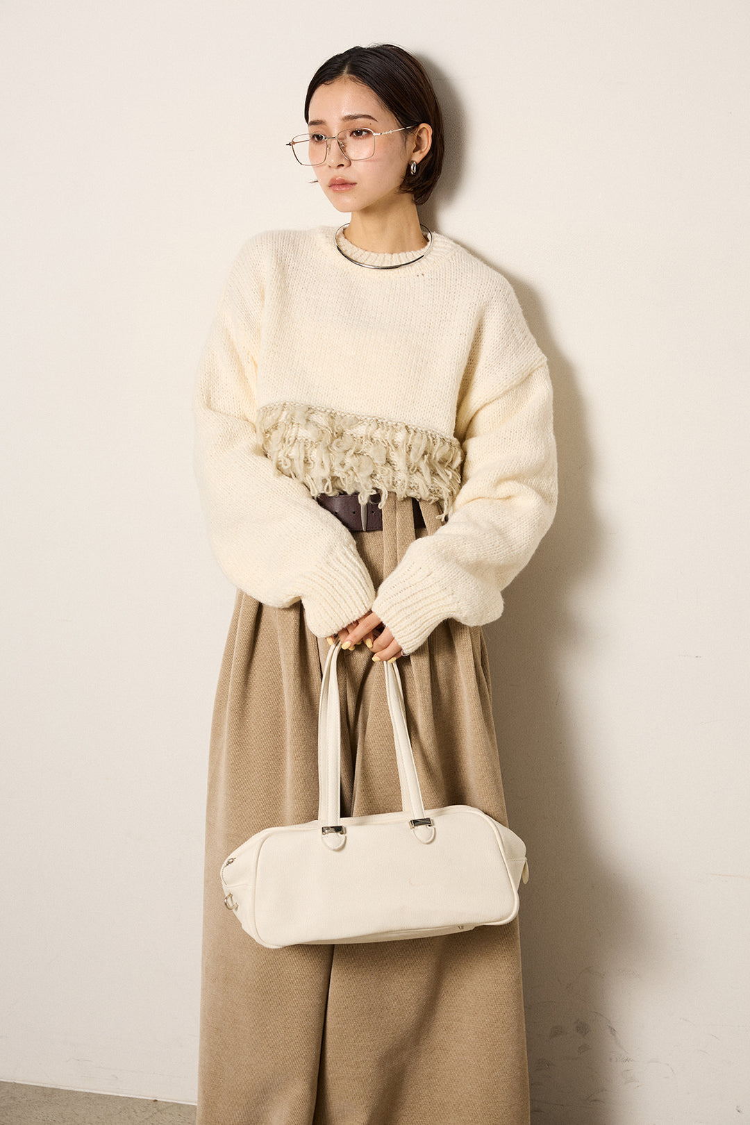 [SET]ループ編み切り替えニットプルオーバー+ベルトループコーデュロイワイドパンツ(2set)