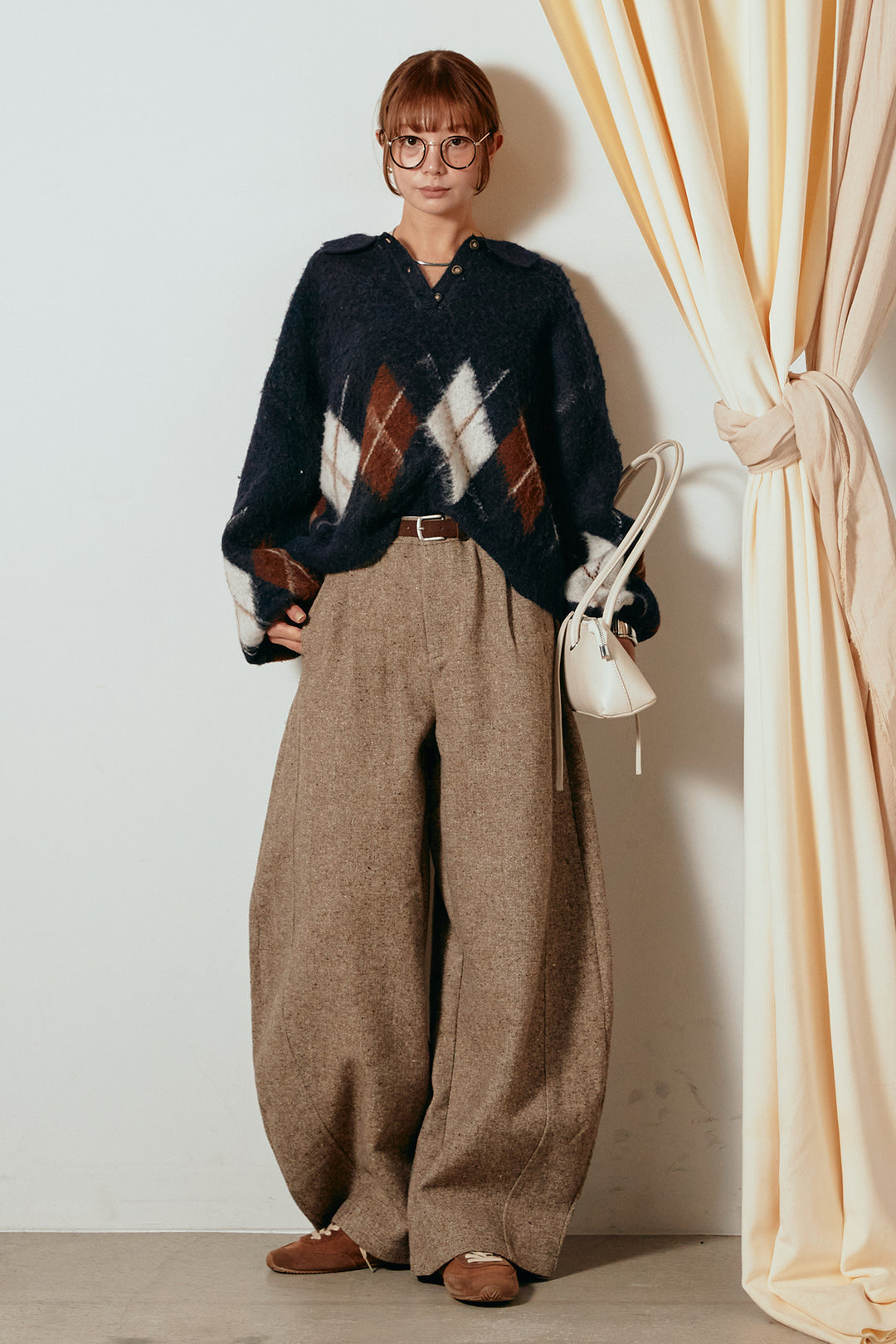 [SET]アーガイル柄ポロニットトップス+ベルト付きネップツイードカーブパンツ(2set)