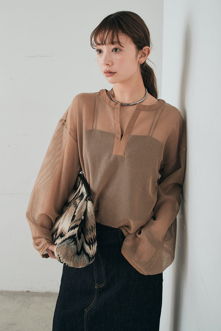 [SET]メッシュカットソースキッパープルオーバー+ウエストクロスデニムタイトスカート(2set)