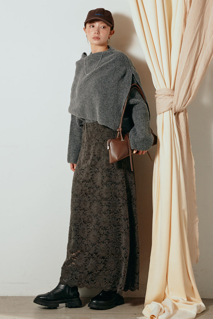 [SET]ケープデザインリブニットトップス+花柄刺繍ベロアフレアスカート(2set)