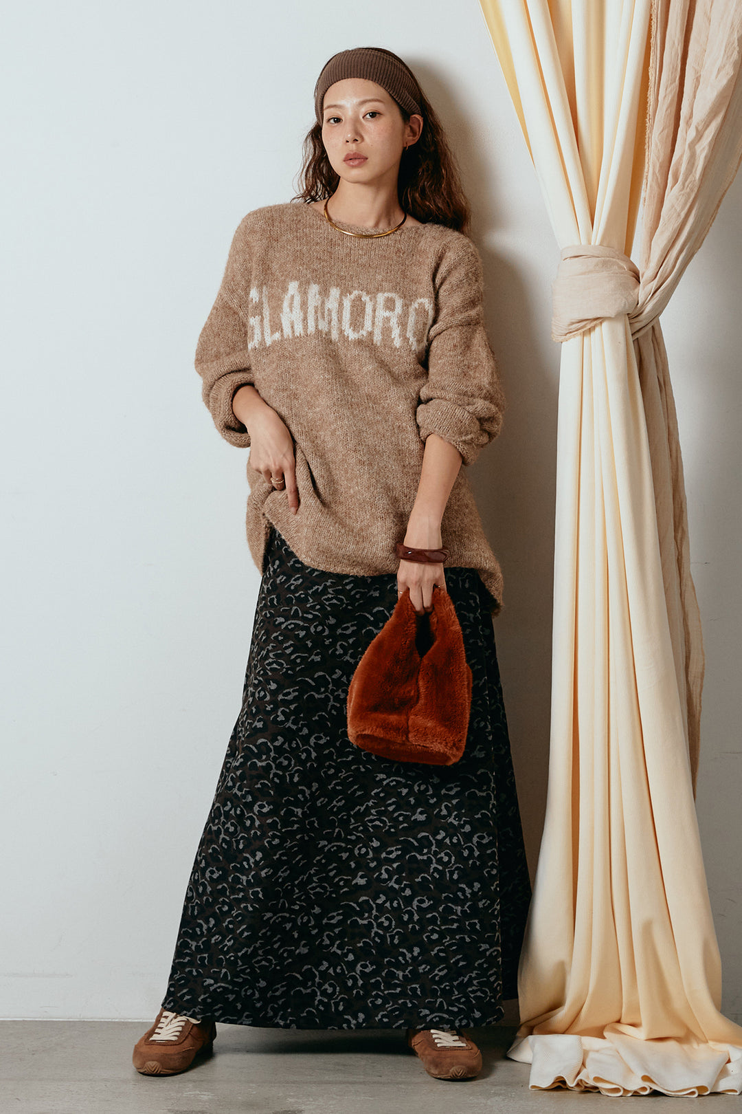 [SET]フロントロゴデザインニットトップス+レオパードロングスカート(2set)