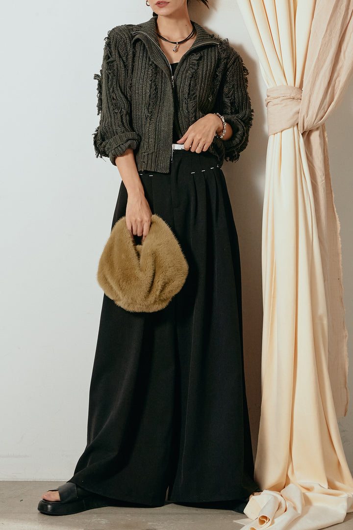 [SET]ハイネックフリンジジップニットトップス+ウエストステッチデザインワイドスラックス(2set)