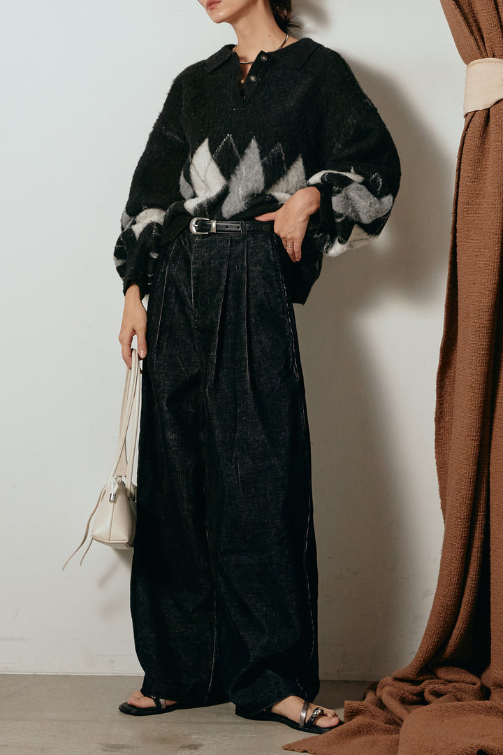 [SET]アーガイル柄ポロニットトップス+フロントタック入りコーデュロイパンツ(2set)