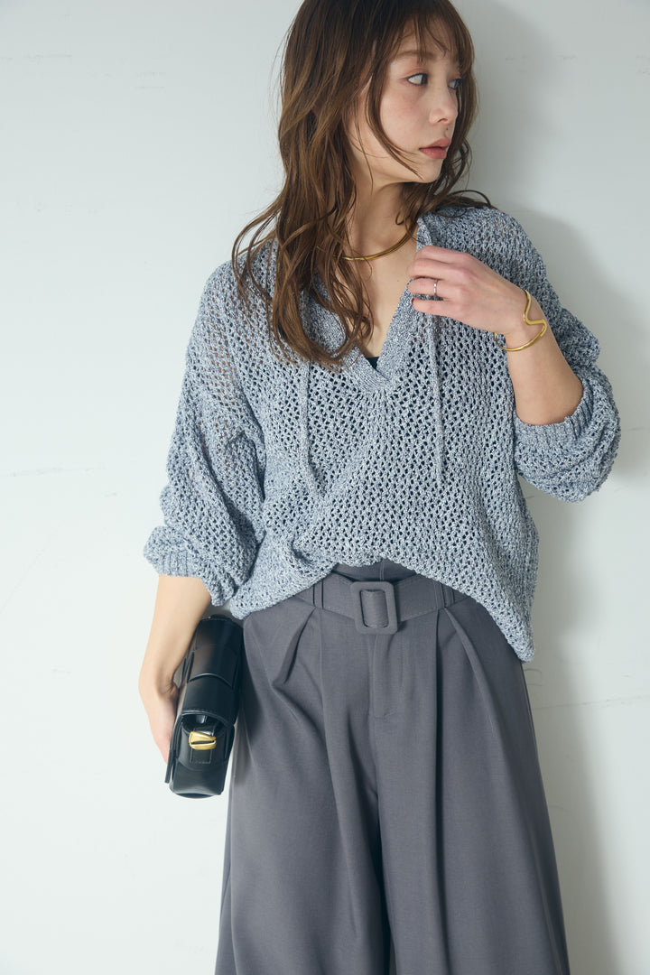 【即納】ミックスメッシュキーネックプルオーバー