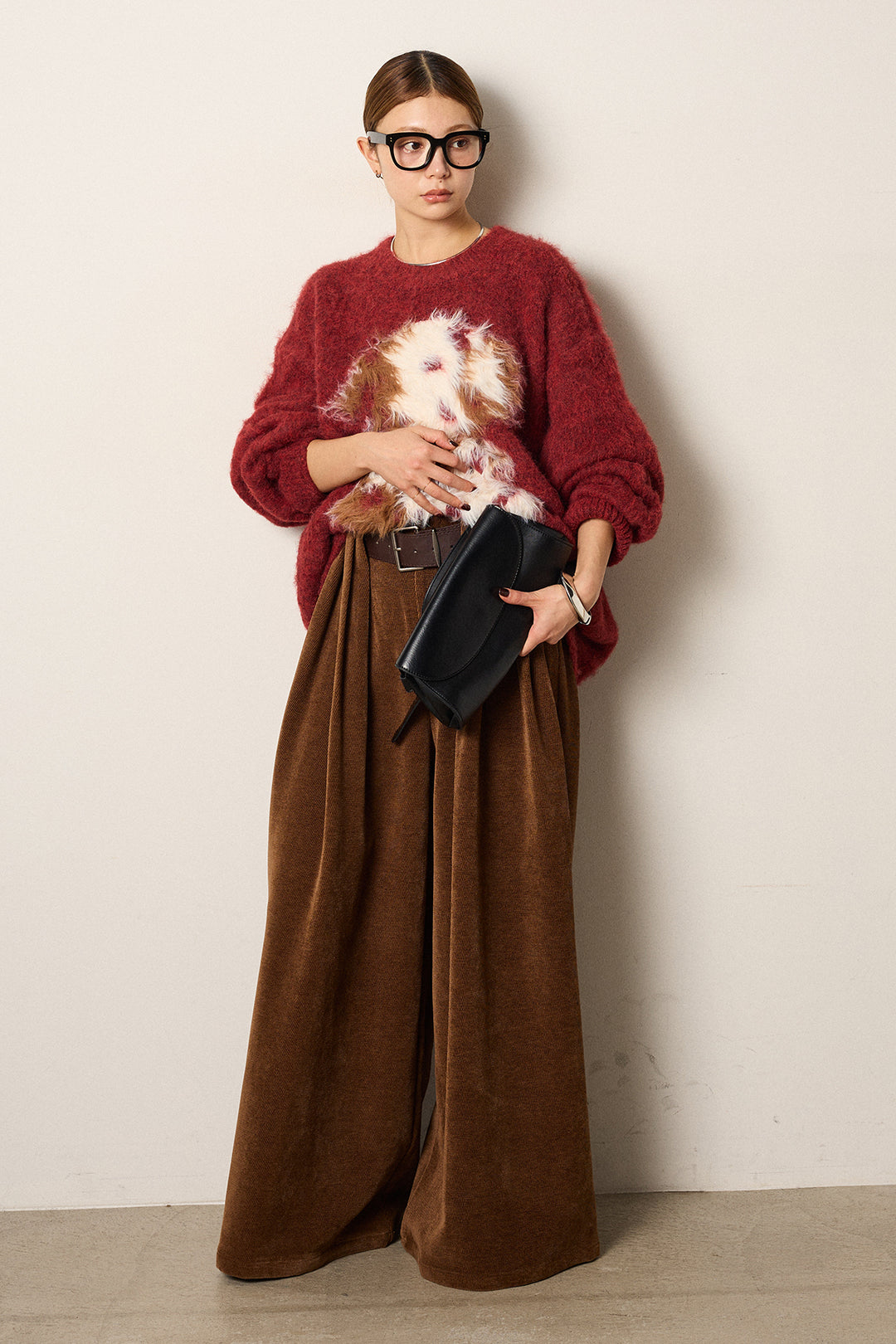 [SET]シャギーニュアンスアニマルニット+ベルトループコーデュロイワイドパンツ(2set)