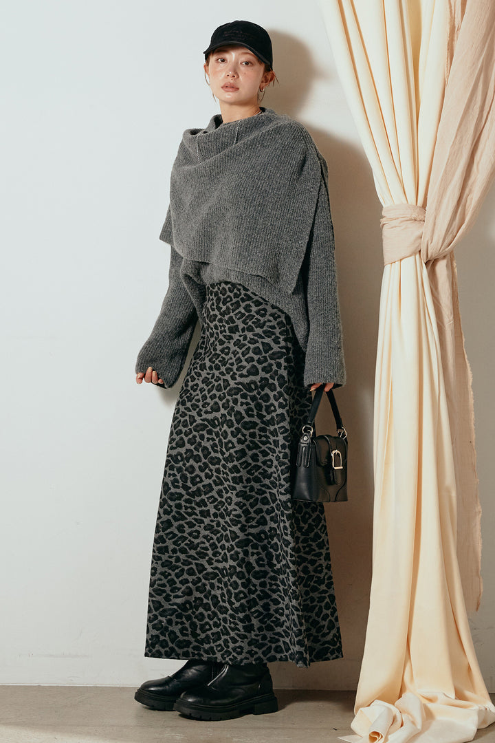 [SET]ケープデザインリブニットトップス+レオパードロングスカート(2set)