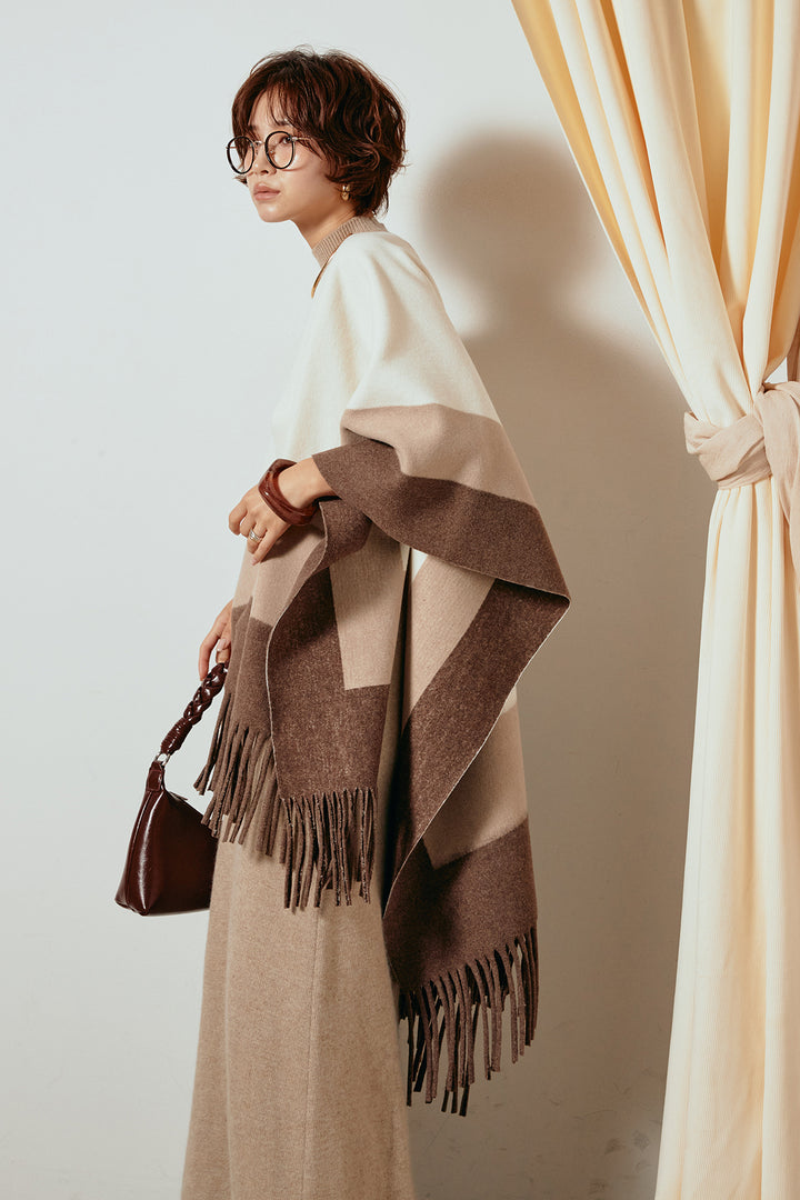 [SET]裾フリンジ柄ポンチョアウター+ノースリーブニットロングワンピース(2set)