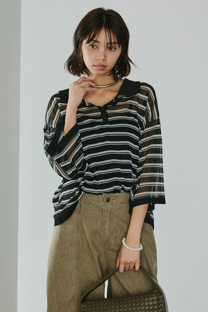 [SET]ボーダーニットポロシャツ+サイドベルトカーブワイドパンツ(2set)