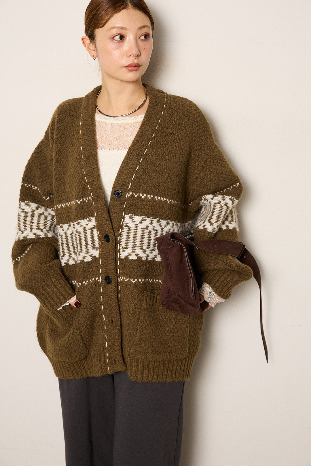 [SET]ライン柄ステッチニットカーディガン+2WAY袖コード刺繍クルーネックプルオーバー(2set)