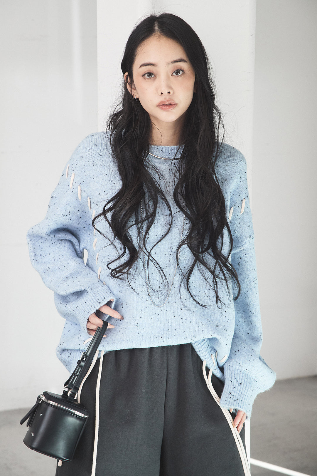 [SET]ネップ編み上げニットトップス+裏起毛スウェットワイドパンツ(2set)