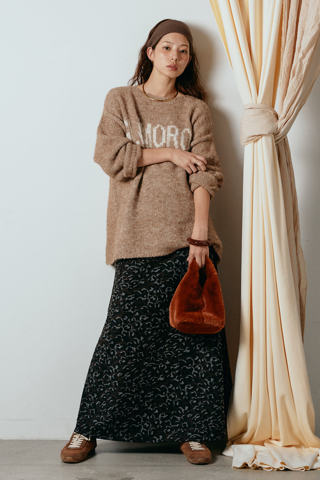 [SET]フロントロゴデザインニットトップス+レオパードロングスカート(2set)