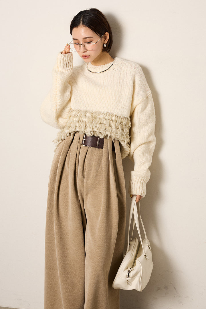 [SET]ループ編み切り替えニットプルオーバー+ベルトループコーデュロイワイドパンツ(2set)