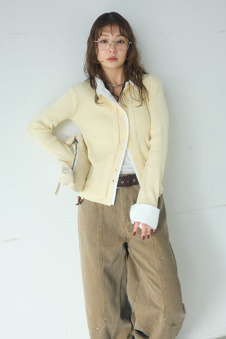 [SET]シャツドッキングボタンニットカーディガン+ベルト付きカラーデニムカーブワイドパンツ(2set)