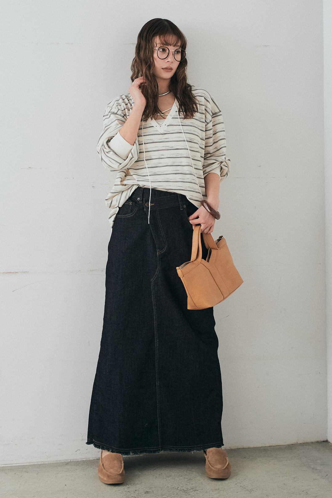 [SET]レースアップワッフルボーダートップス+ウエストクロスデニムタイトスカート(2set)