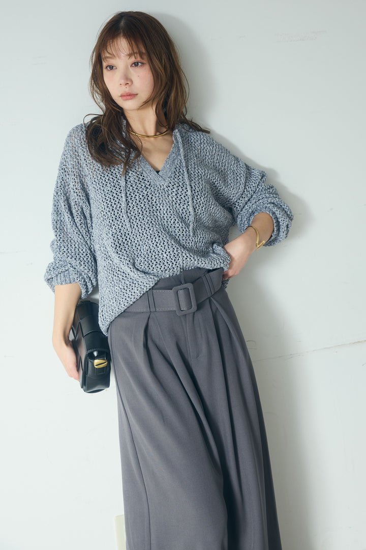 【即納】ミックスメッシュキーネックプルオーバー