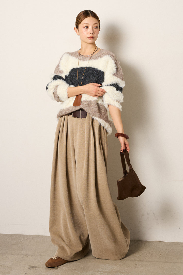 [SET]シャギーウェーブ柄クルーネックニットトップス+ベルトループコーデュロイワイドパンツ(2set)