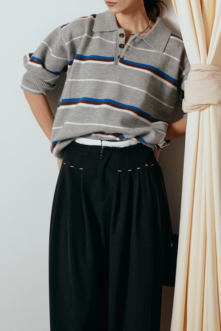 [SET]襟付きマルチボーダーニットポロトップス+ウエストステッチデザインワイドスラックス(2set)