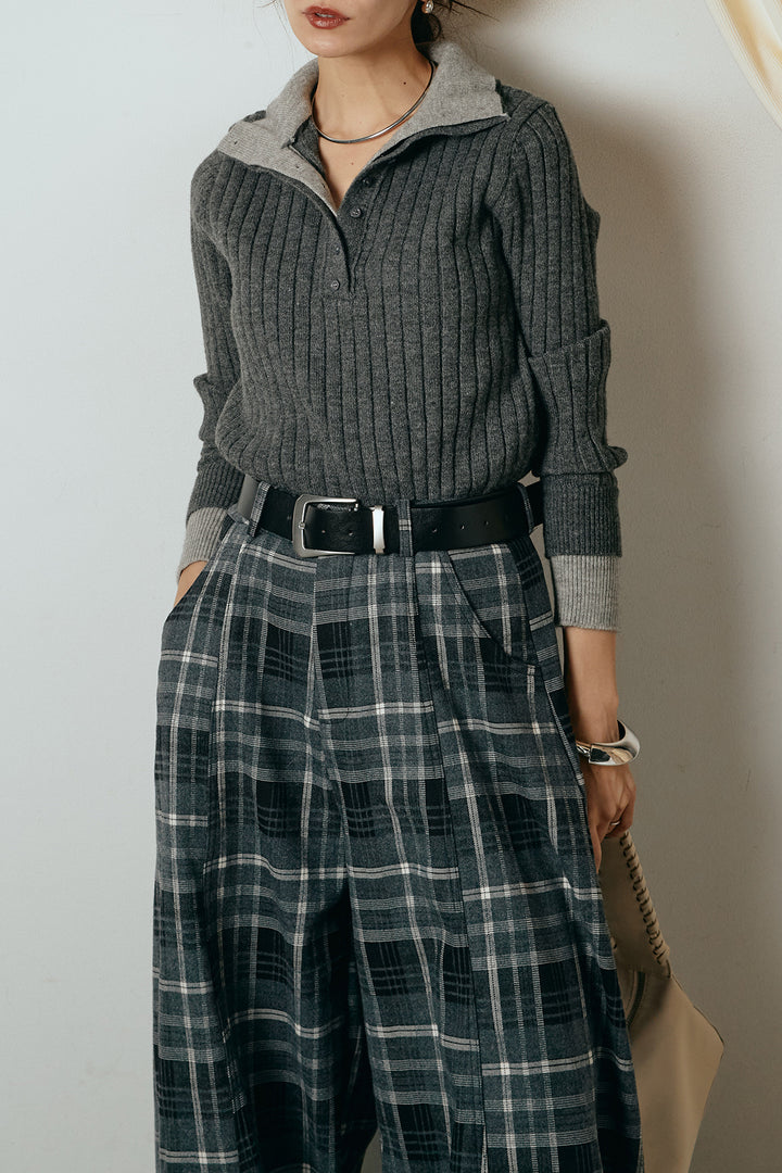 [SET]レイヤード風リブニットトップス+ベルト付きタータンチェックカーブワイドパンツ(2set)