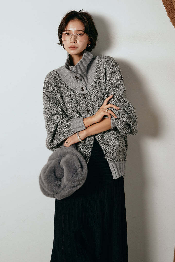 [SET]ハイネックミックスニットカーディガン+編み地切り替えフレアニットスカート(2set)