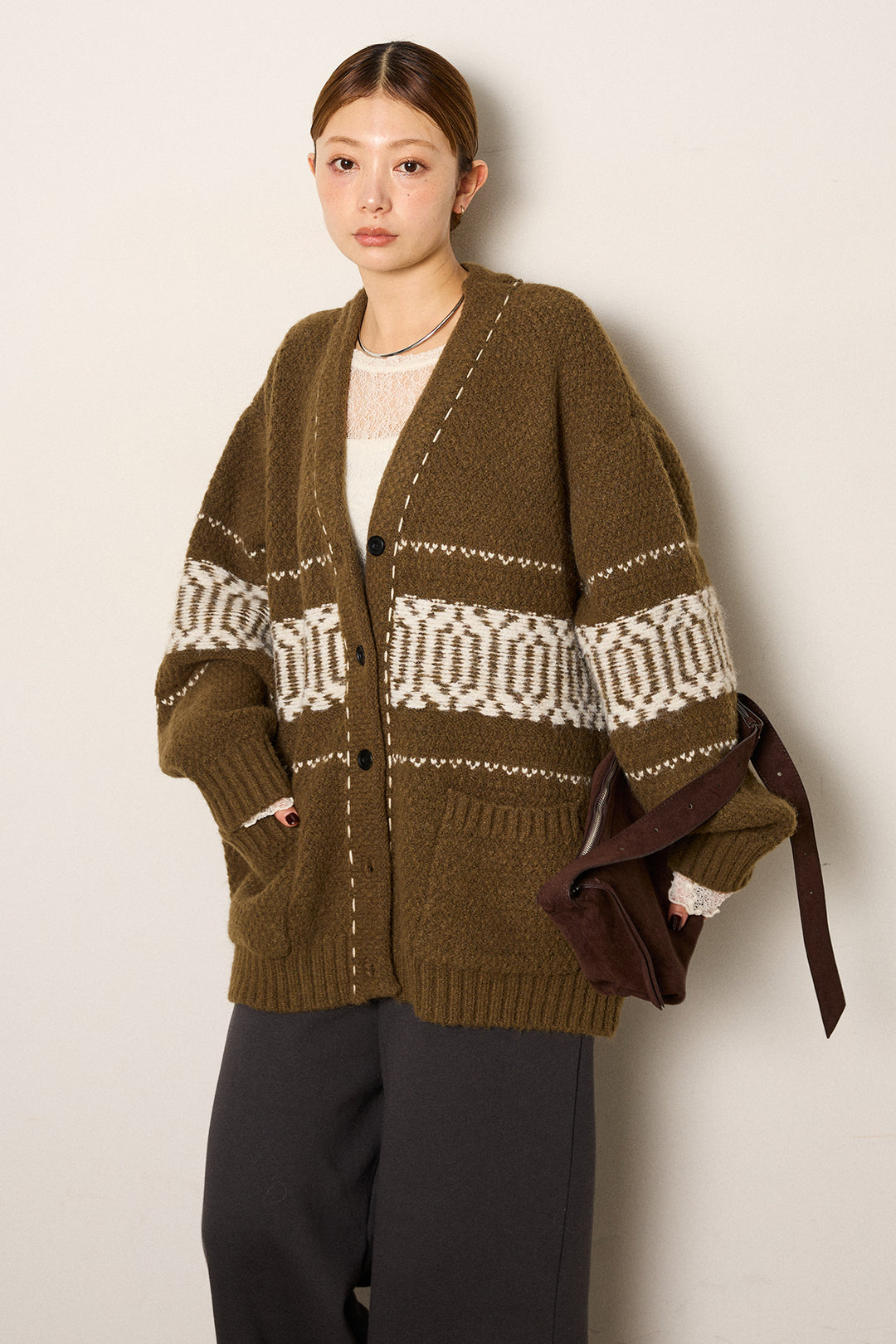 [SET]ライン柄ステッチニットカーディガン+2WAY袖コード刺繍クルーネックプルオーバー+裏起毛スウェットワイドパンツ(3set)