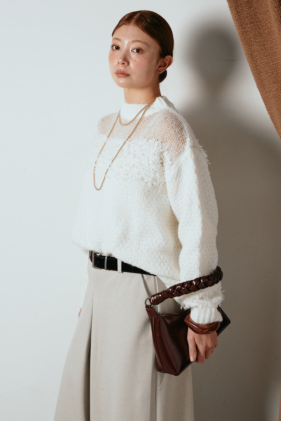 [SET]パターンランダム編みニットトップス+ベルト付きフロントタックデザインパンツ(2set)