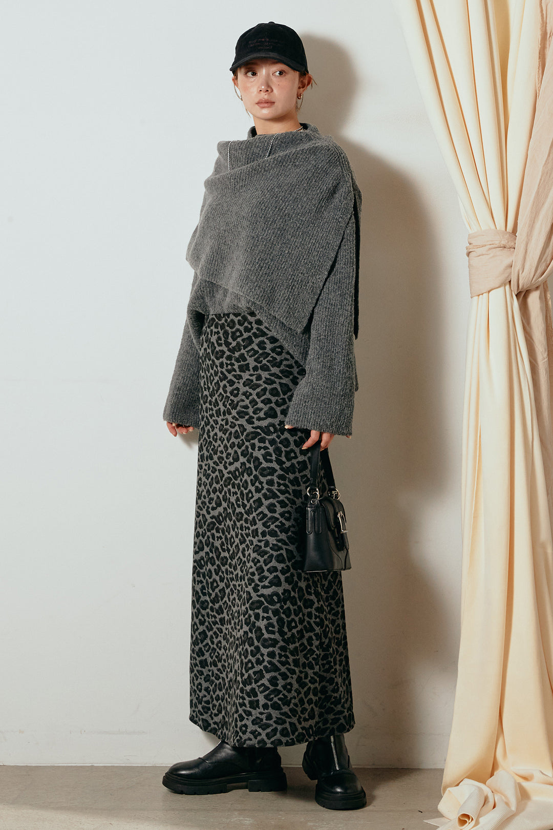[SET]ケープデザインリブニットトップス+レオパードロングスカート(2set)