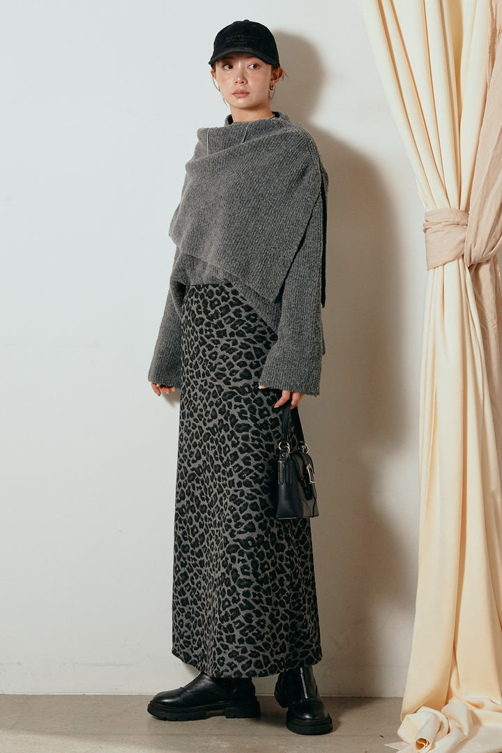[SET]ケープデザインリブニットトップス+レオパードロングスカート(2set)