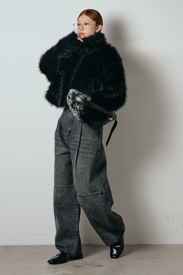 [SET]エコファーショート丈ブルゾン+加工デニムタックコクーンワイドパンツ(2set)