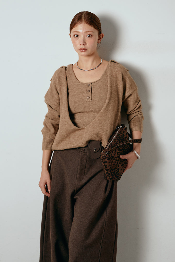 [SET]襟付きレイヤードニットトップス+ポーチベルト付きカーブパンツ(2set)