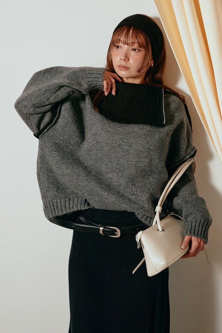 [SET]ハイネックジップデザインニットトップス+サイド切り替えリブニットロングスカート(2set)