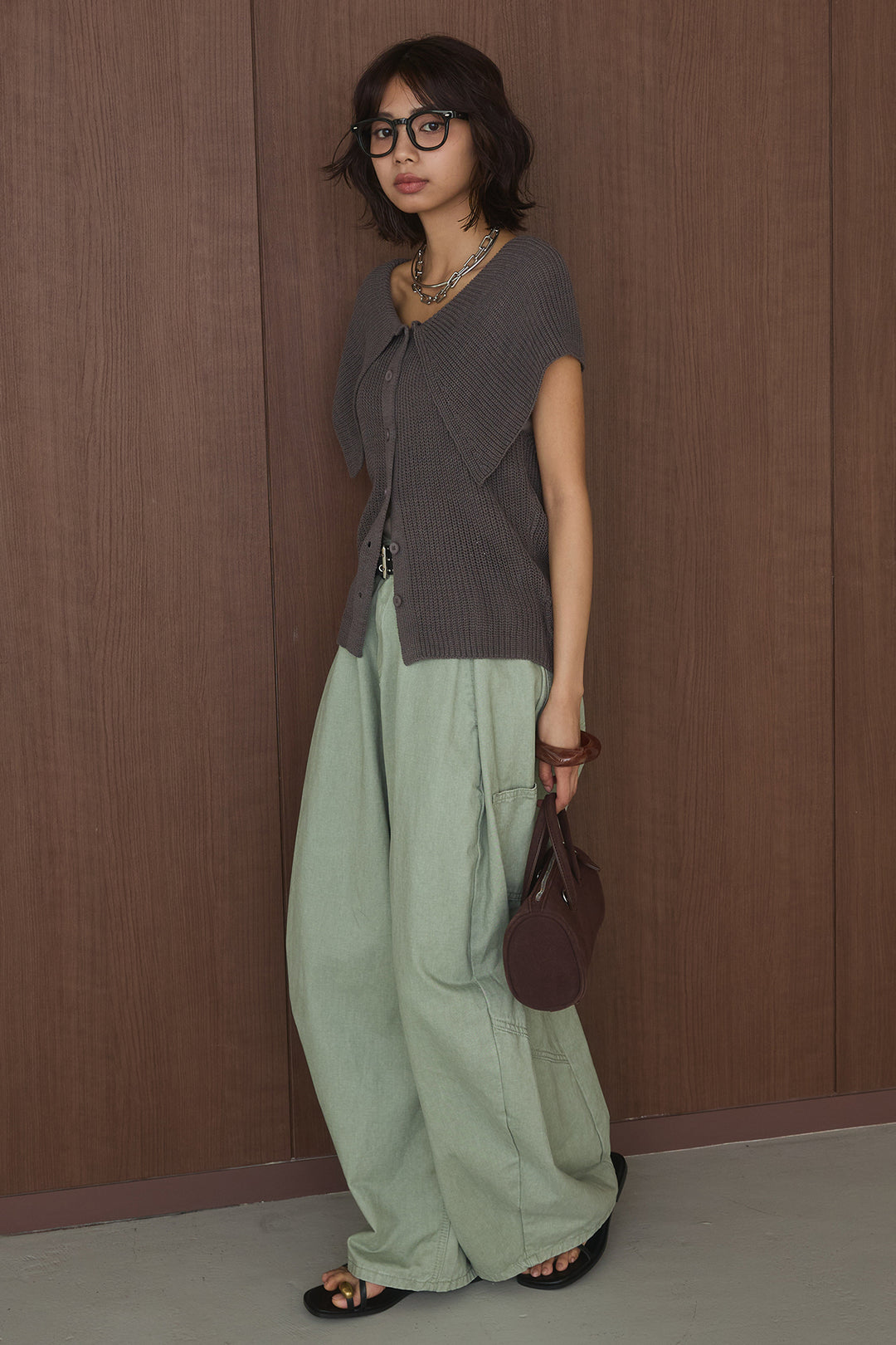 [SET]ビッグカラーボタンニットトップス+ベルト付きカラーデニムパンツ(2set)